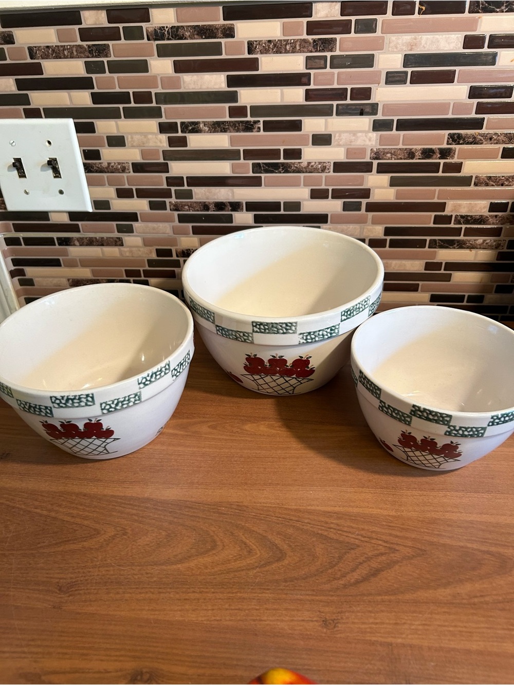 Vintage Ceramic Mixing Bowls with Red Apple Motif - Set of 3